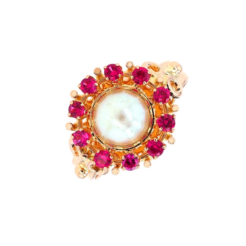 Bague vintage perle et rubis de synthèse 0.30 carat or jaune 5.25g Comme neuf -  reconditionné disponible sur Gemme Les Bijoux